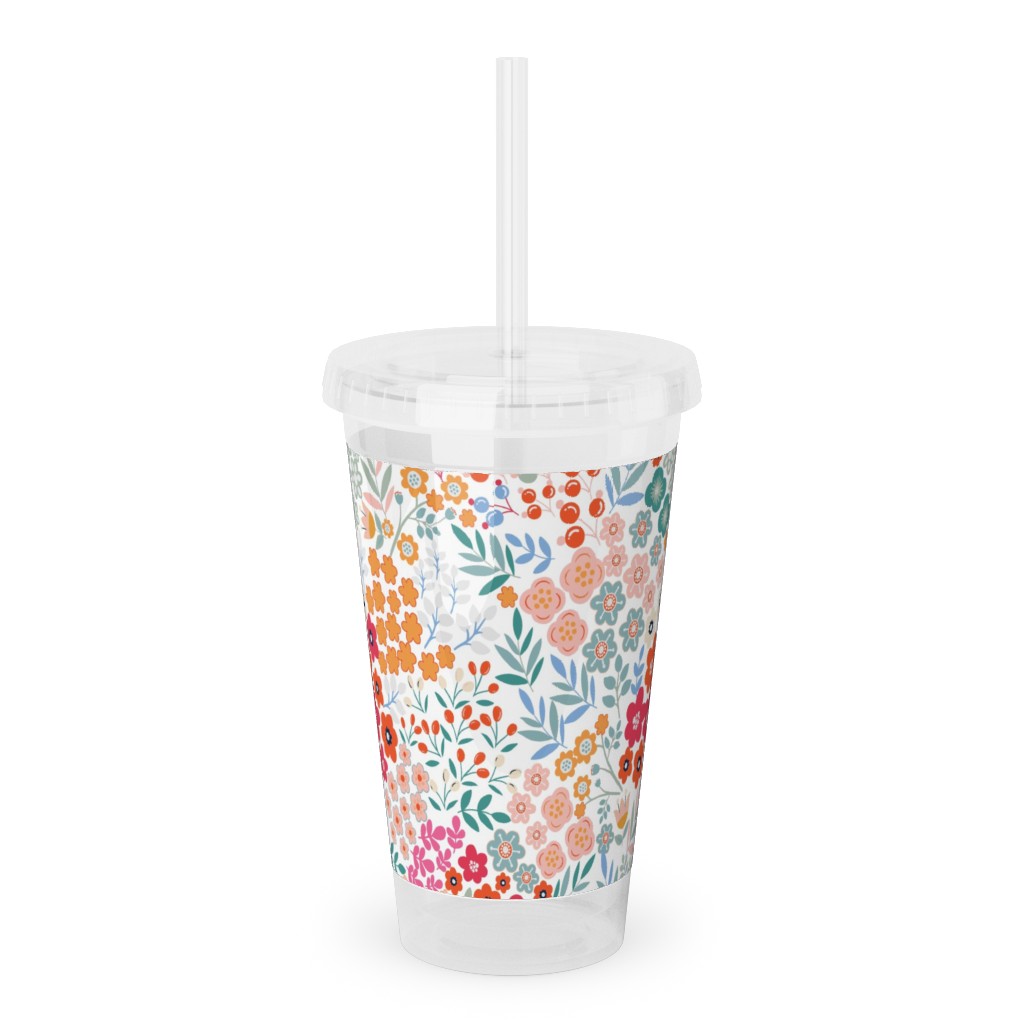 Summer Flower Acrylic Tumbler with Straw, 16oz, Multicolor