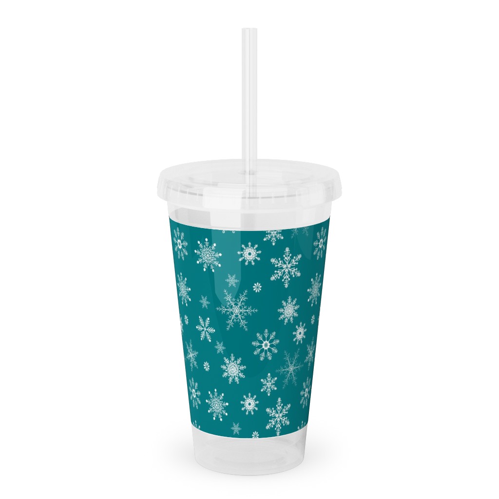 Snowflakes on Emerald Acrylic Tumbler with Straw, 16oz, Green