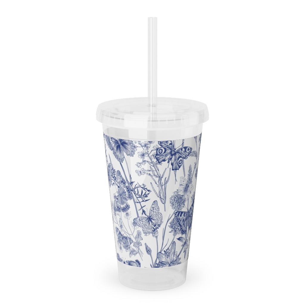 Butterflies and Wild Flowers Acrylic Tumbler with Straw, 16oz, Blue