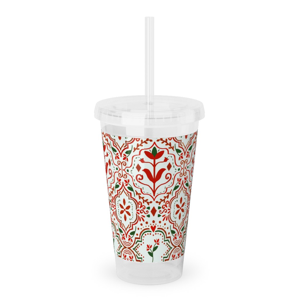 Moroccan Christmas Acrylic Tumbler with Straw, 16oz, Red