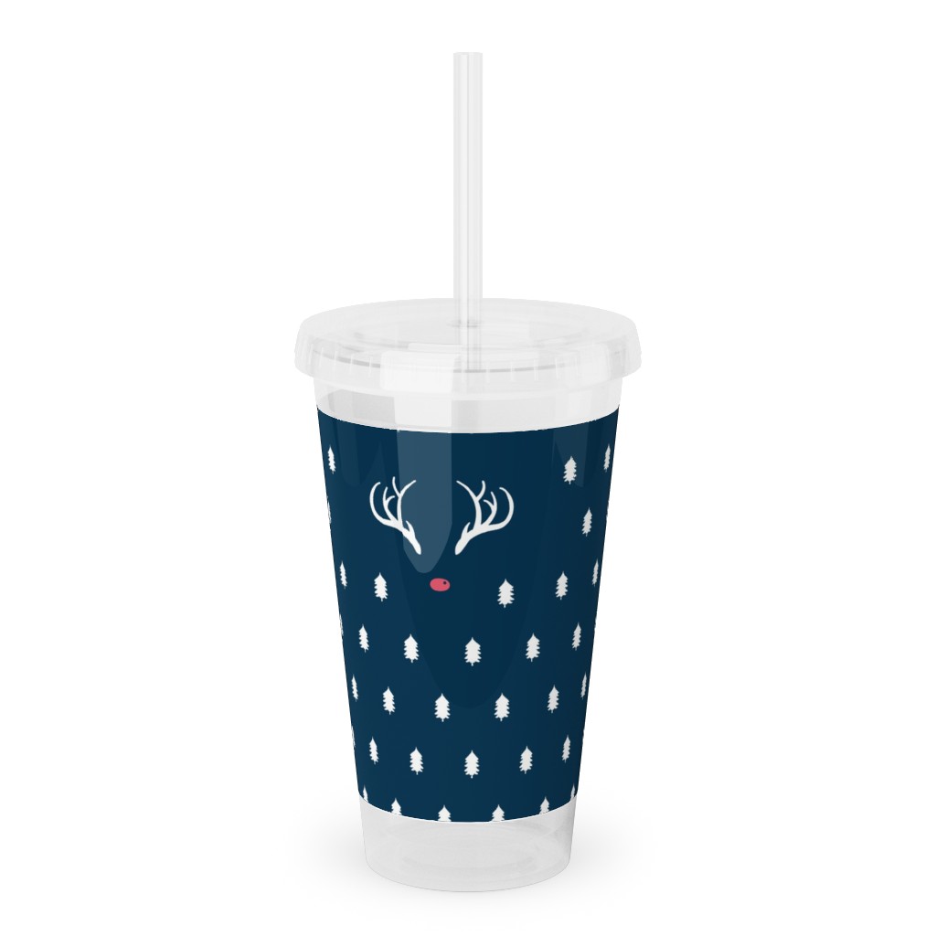 Modern Christmas Deer - Navy Acrylic Tumbler with Straw, 16oz, Blue