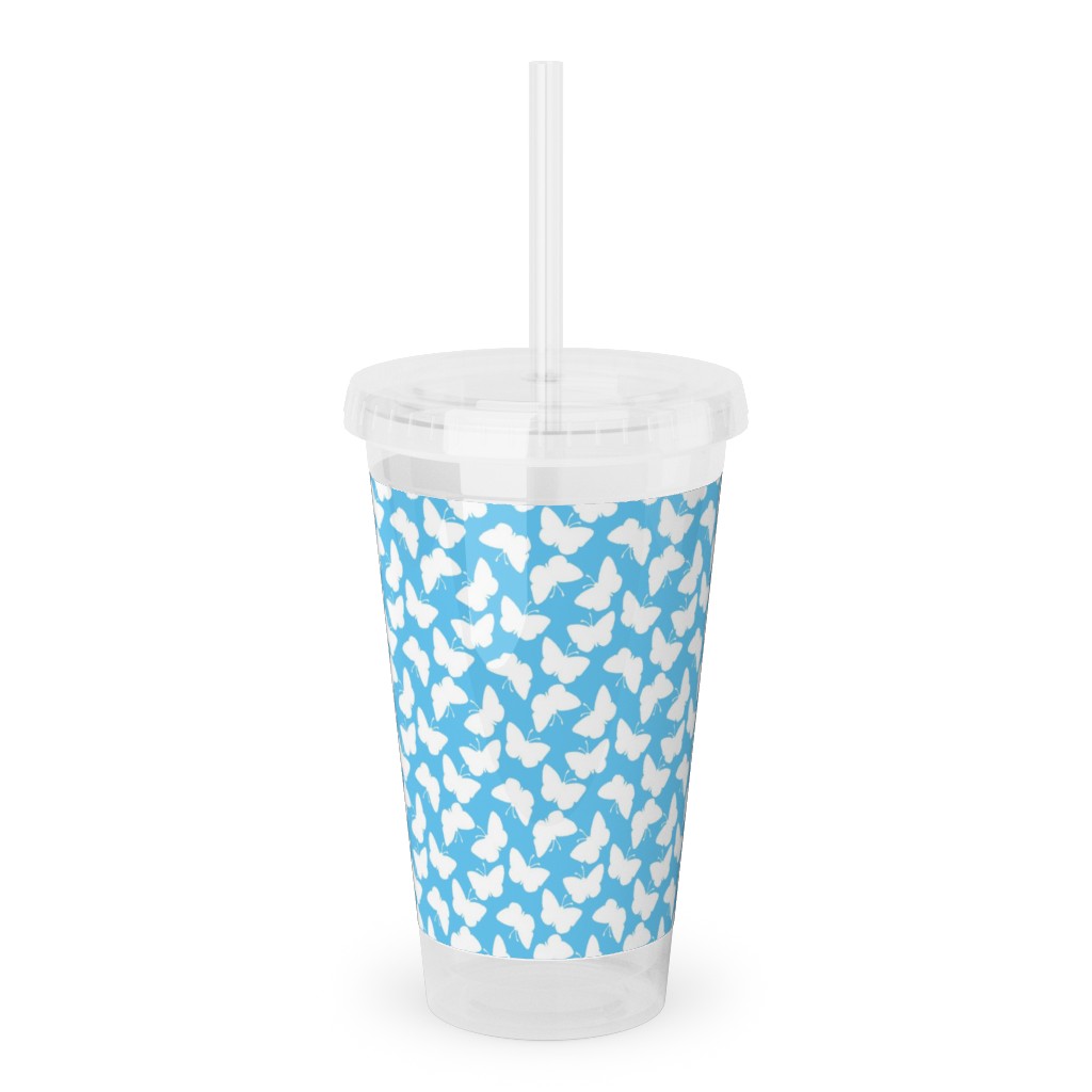 Butterflies - White on Blue Acrylic Tumbler with Straw, 16oz, Blue