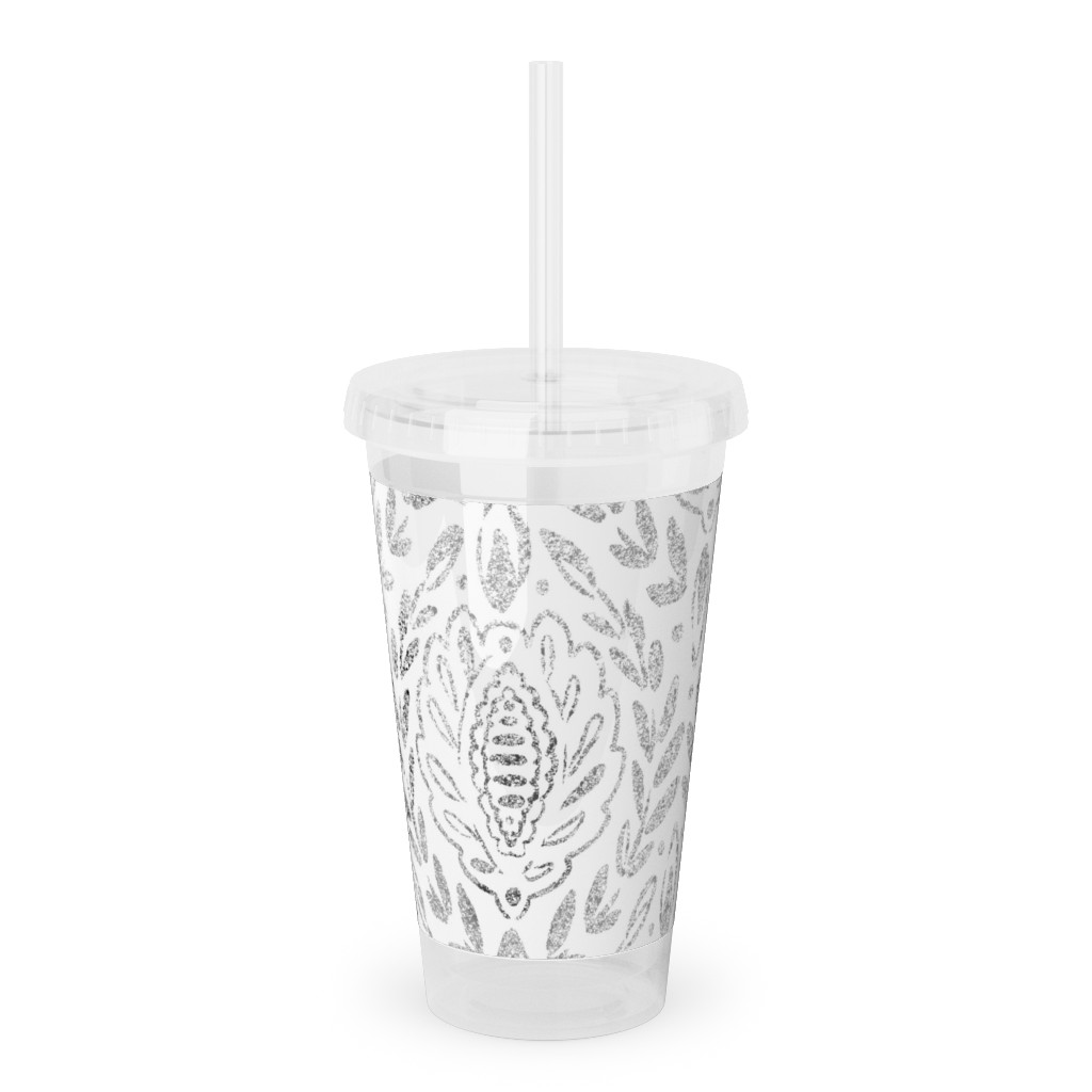 Distressed Damask Leaves - Grey Acrylic Tumbler with Straw, 16oz, Gray