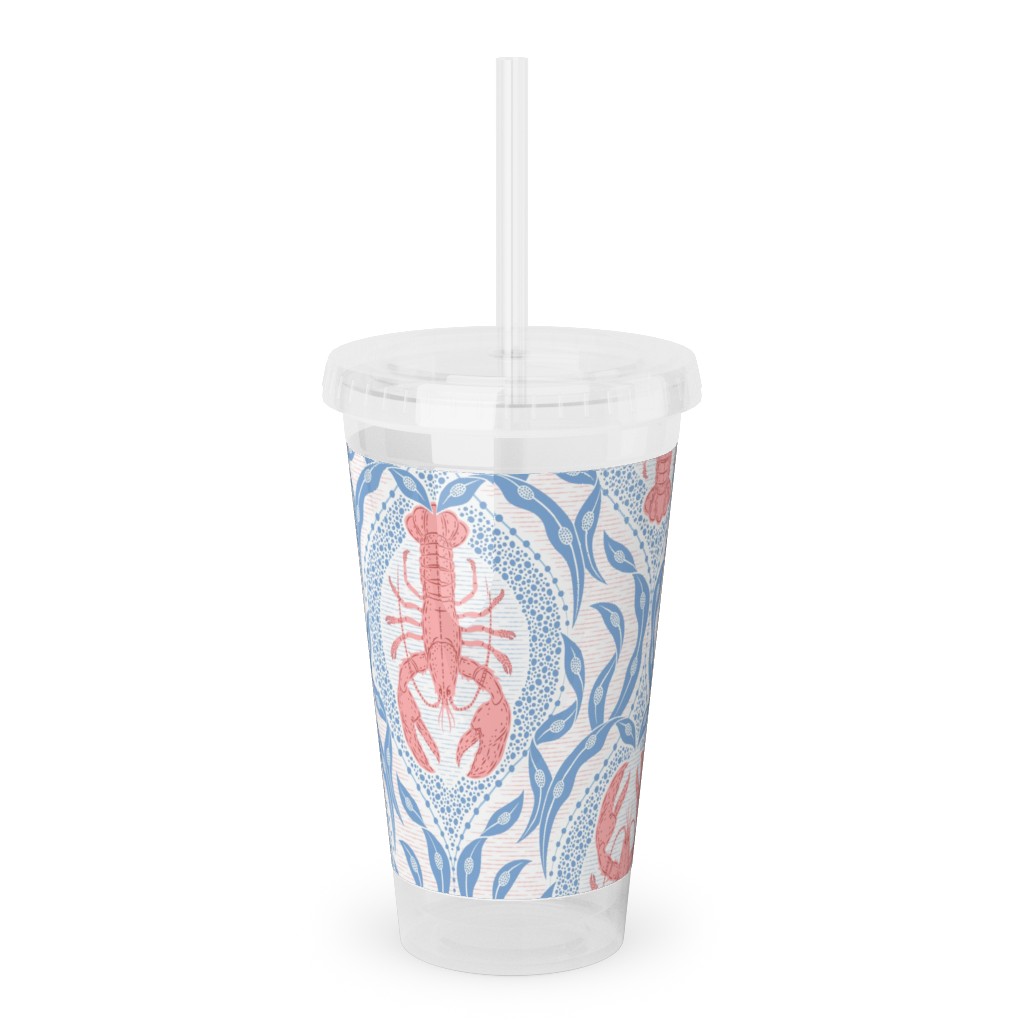 Lobster and Seaweed Nautical Damask - White, Coral Pink and Cornflower Blue Acrylic Tumbler with Straw, 16oz, Blue