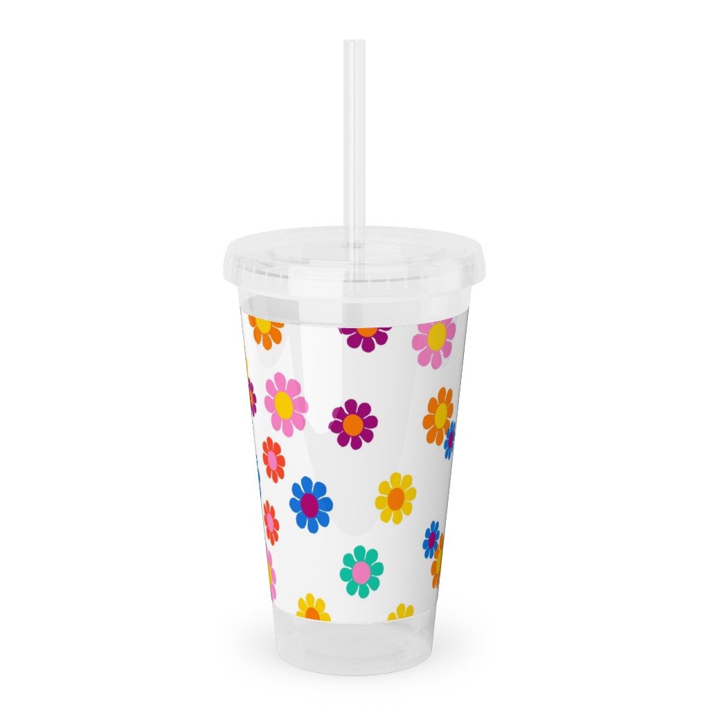 Rainbow Groovy Flowers Acrylic Tumbler with Straw, 16oz, Multicolor