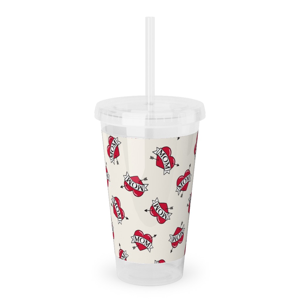 Mom Heart Tattoo - Red on Cream Acrylic Tumbler with Straw, 16oz, Red