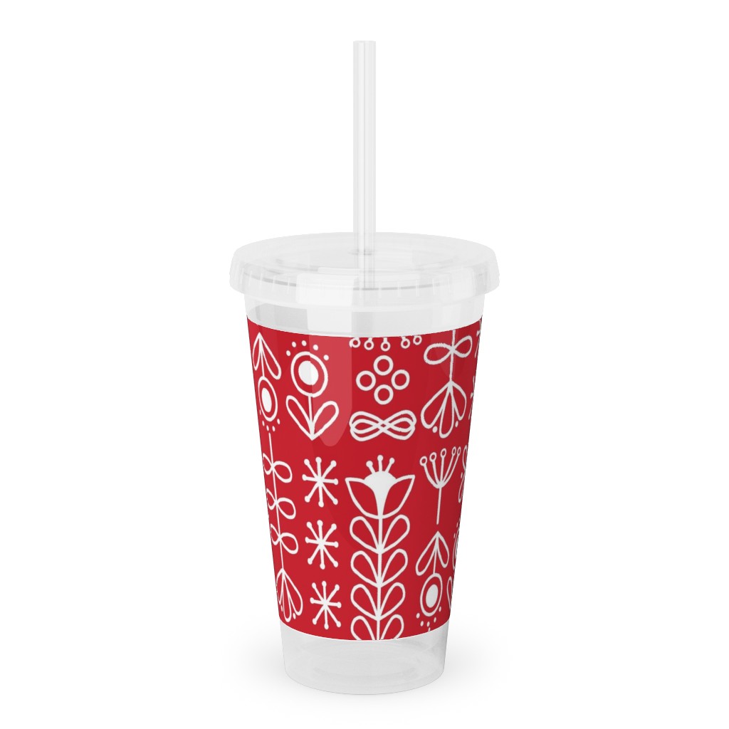 Red and White Nordic Mod Floral Acrylic Tumbler with Straw, 16oz, Red