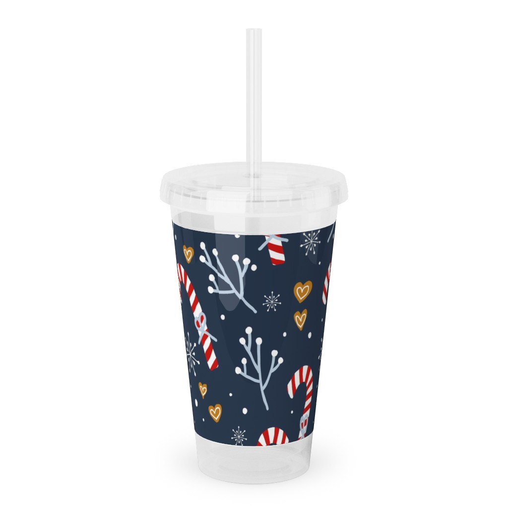 Candy Canes and Gingerbread Hearts Acrylic Tumbler with Straw, 16oz, Blue