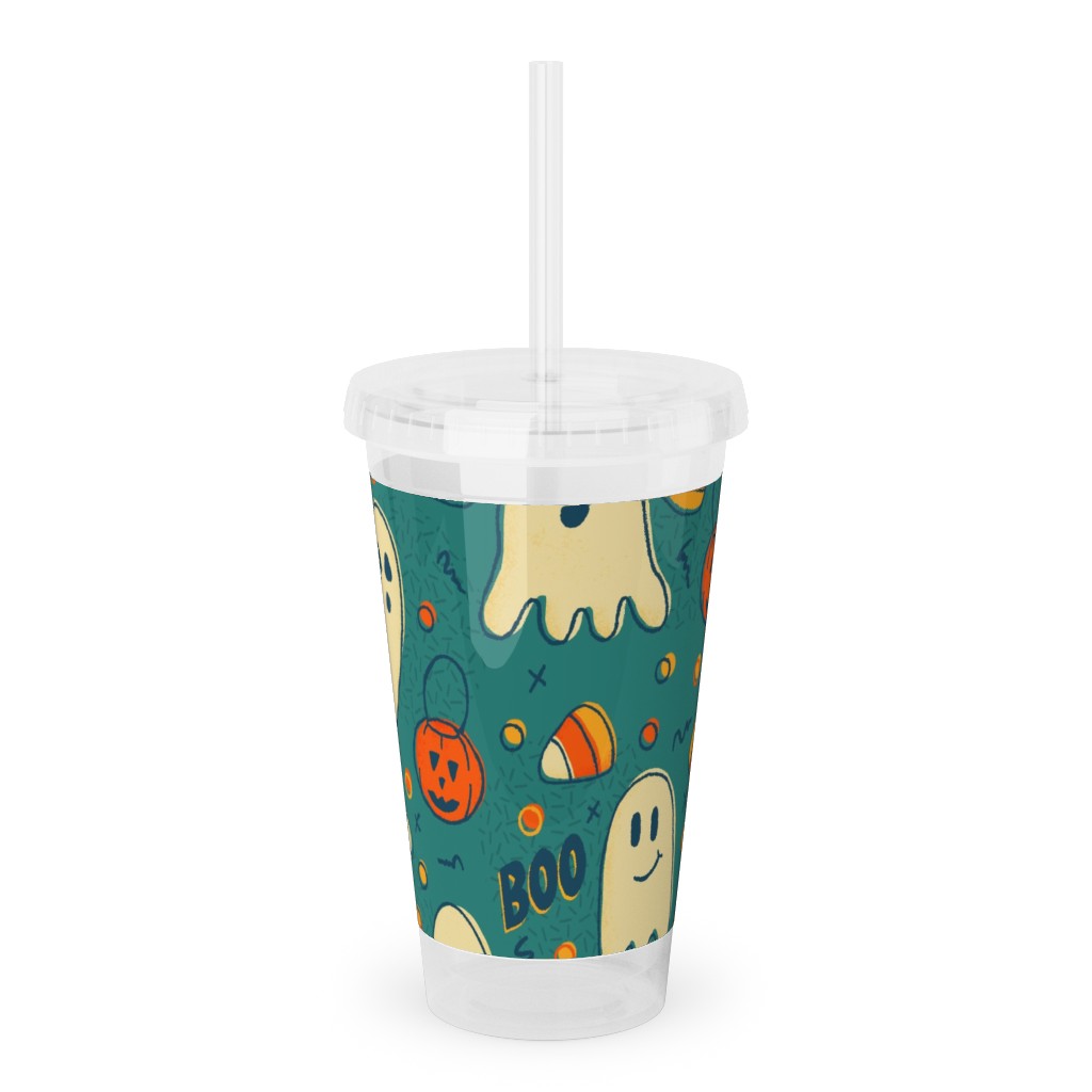 Candy Corn and Ghosts - Green Acrylic Tumbler with Straw, 16oz, Multicolor