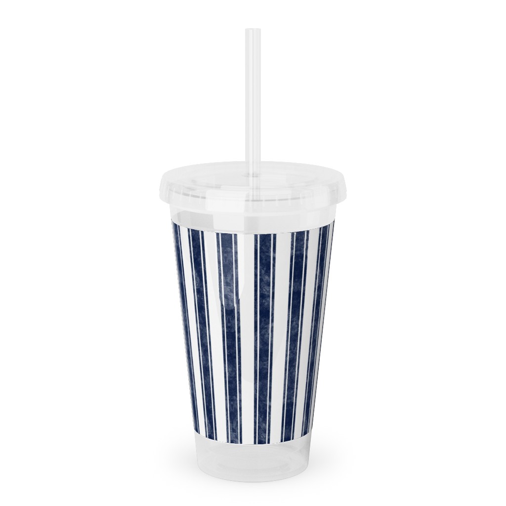 Vertical French Ticking Textured Pinstripes in Dark Midnight Navy and White Acrylic Tumbler with Straw, 16oz, Blue