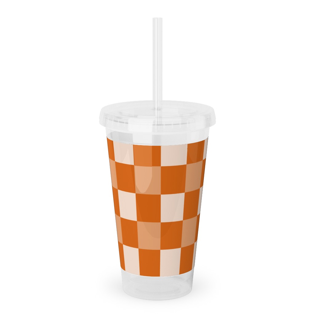 Orange Gingham Plaid Acrylic Tumbler with Straw, 16oz, Orange