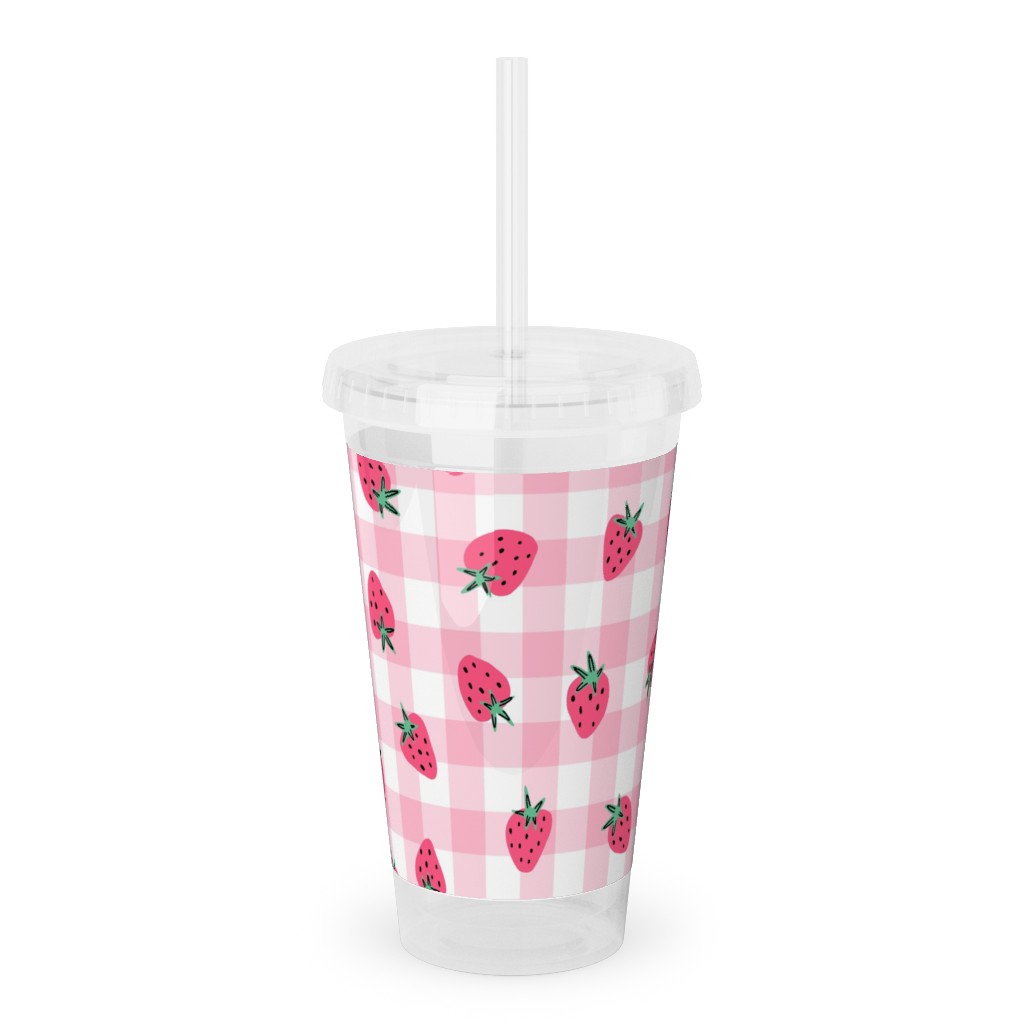 Summer Strawberry Gingham - Pink Acrylic Tumbler with Straw, 16oz, Pink