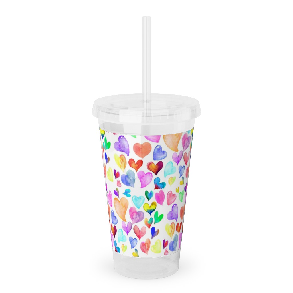 Colorful Watercolor Hearts - Multi on White Acrylic Tumbler with Straw, 16oz, Multicolor