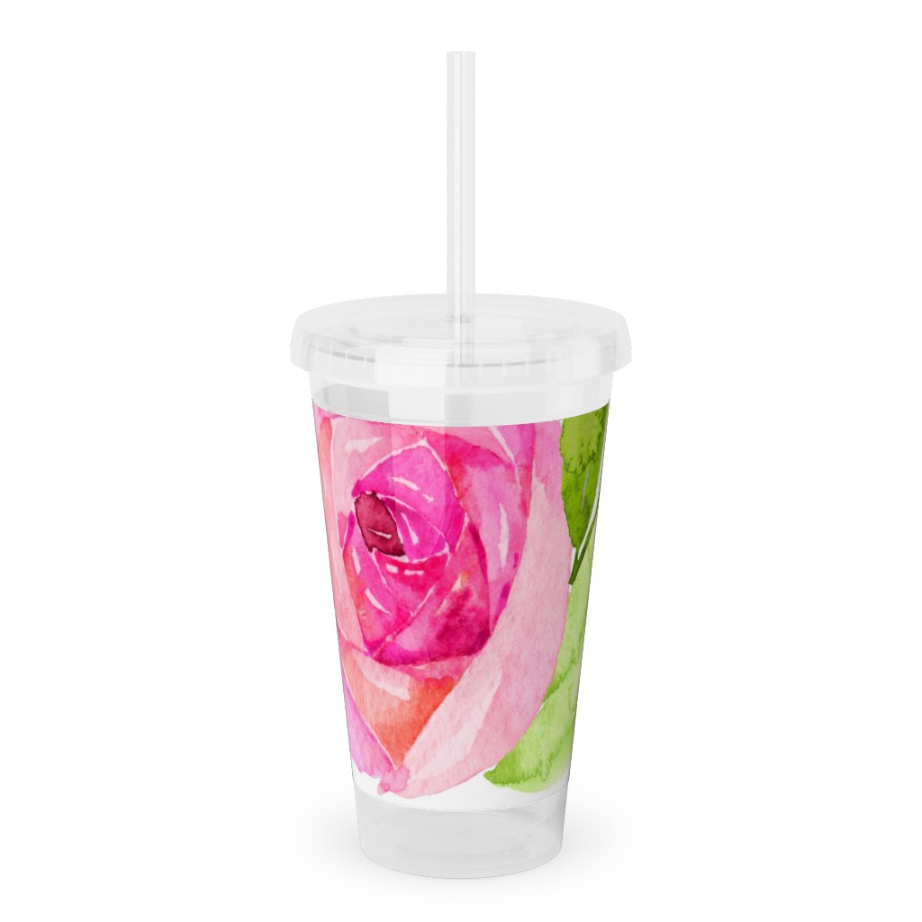 Spring Peonies, Roses, and Poppies - Watercolor Acrylic Tumbler with Straw, 16oz, Pink