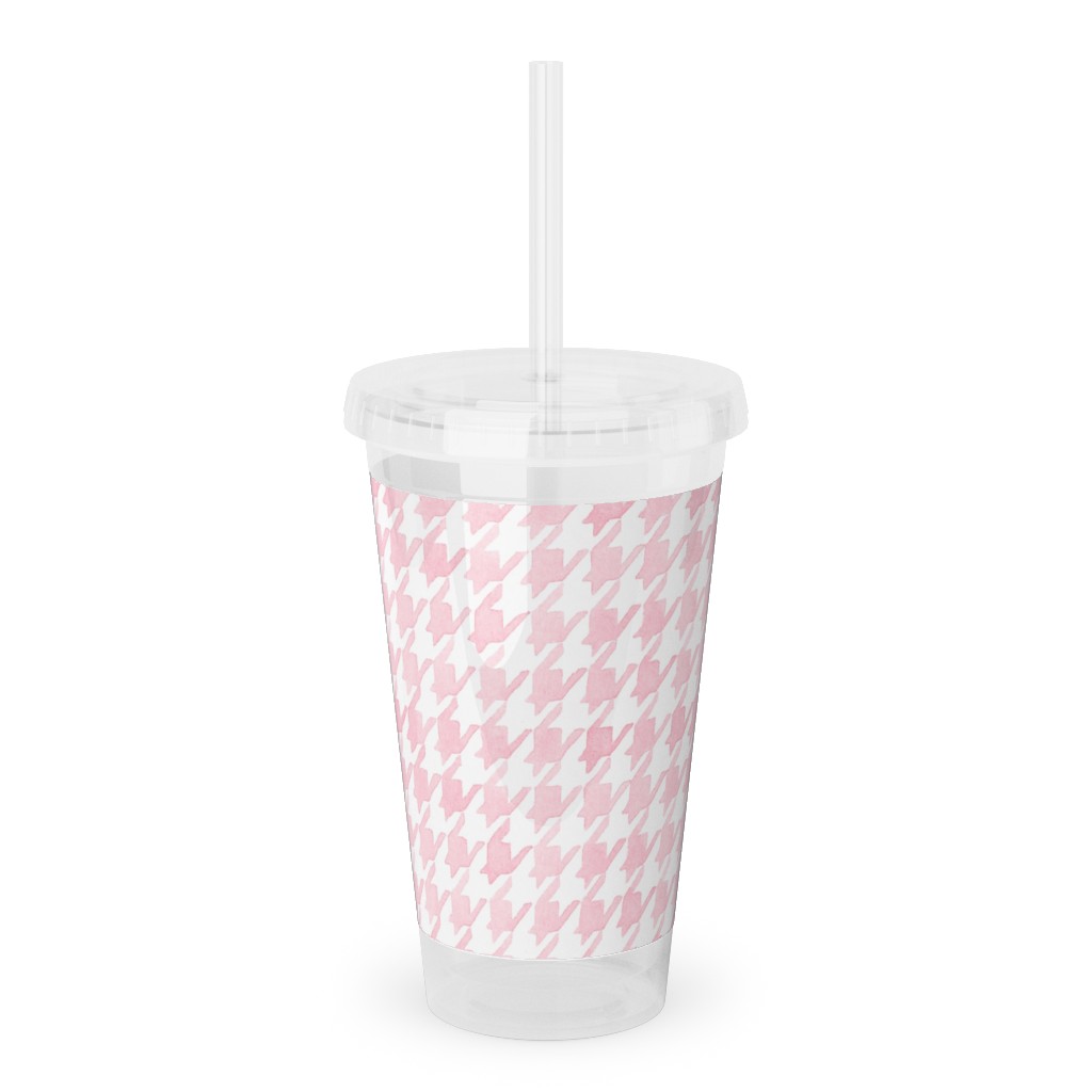 Happy Houndstooth Acrylic Tumbler with Straw, 16oz, Pink