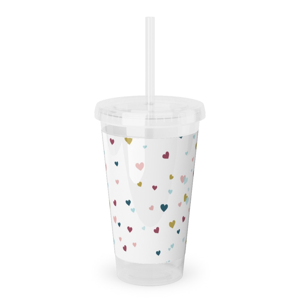 Confetti Hearts - White and Multi Acrylic Tumbler with Straw, 16oz, Multicolor