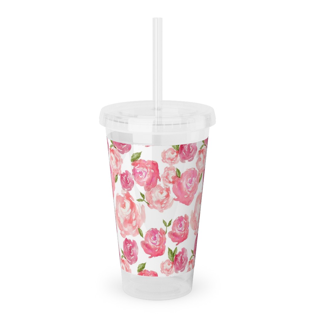 Watercolor Floral - Pink Acrylic Tumbler with Straw, 16oz, Pink
