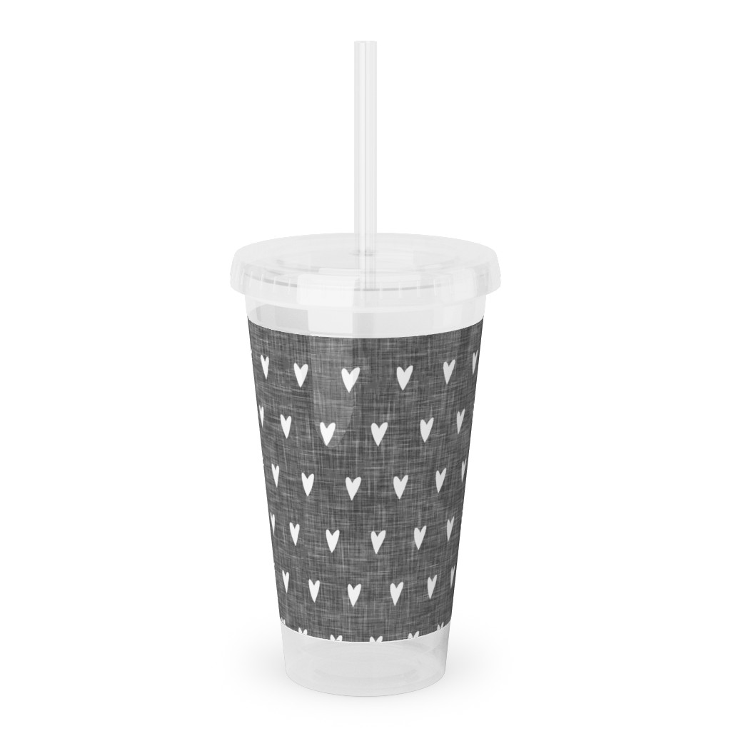 Hearts on Grey Linen Acrylic Tumbler with Straw, 16oz, Gray