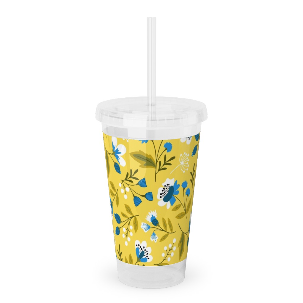 Colorful Spring Flowers - Blue on Yellow Acrylic Tumbler with Straw, 16oz, Yellow