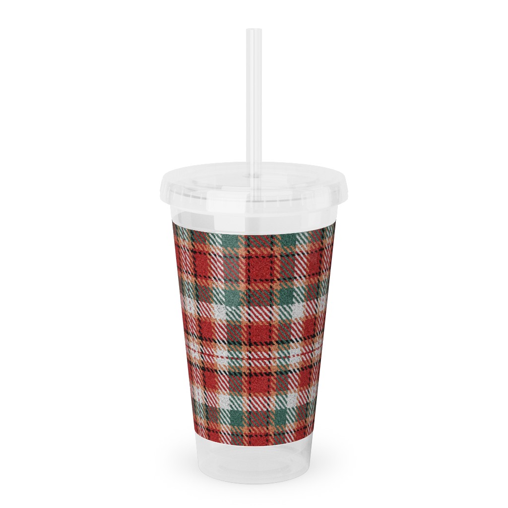 Fuzzy Look Christmas Plaid - Red and Green Acrylic Tumbler with Straw, 16oz, Red