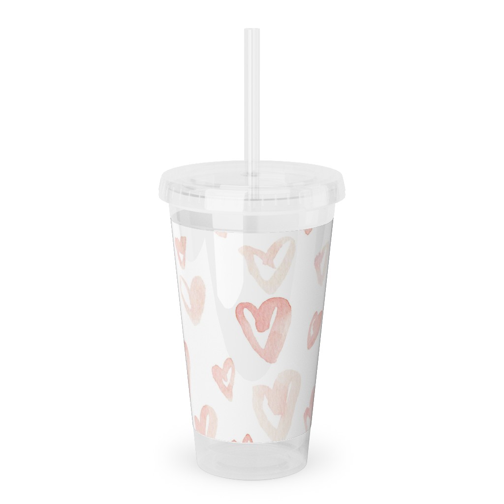 Pale Pink Hearts - Pink Acrylic Tumbler with Straw, 16oz, Pink