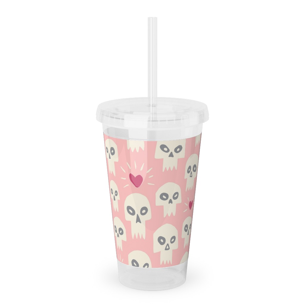 Skulls With Hearts - Pink Acrylic Tumbler with Straw, 16oz, Pink