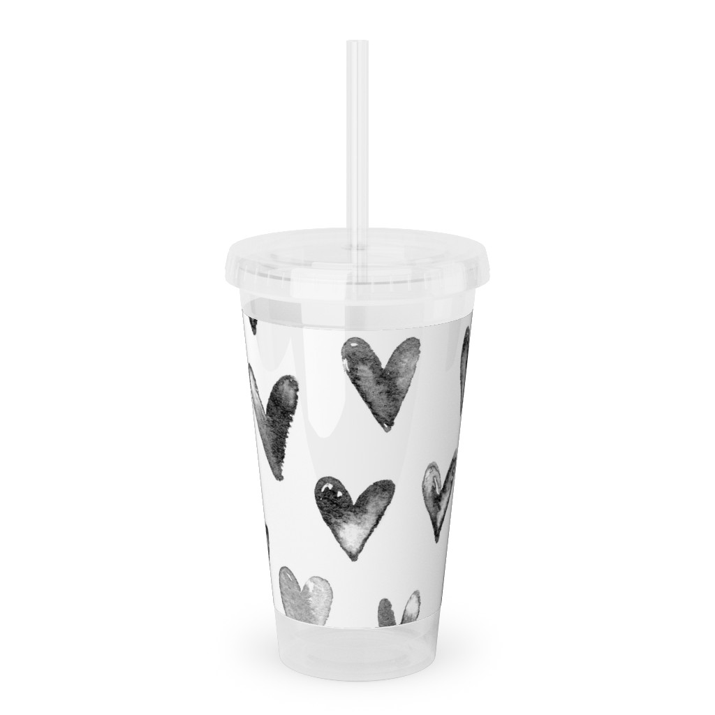 Watercolor Hearts - Black and White Acrylic Tumbler with Straw, 16oz, Black