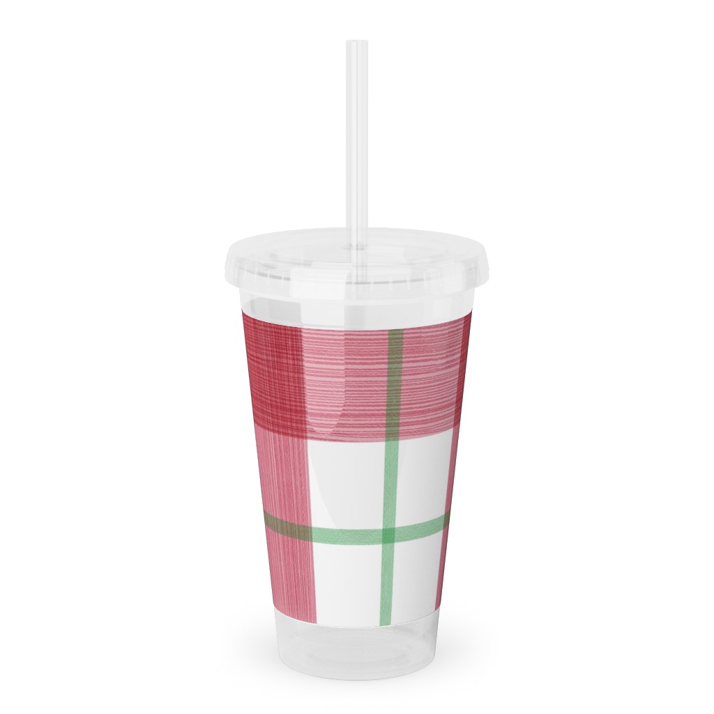 Double Plaid Acrylic Tumbler with Straw, 16oz, Red