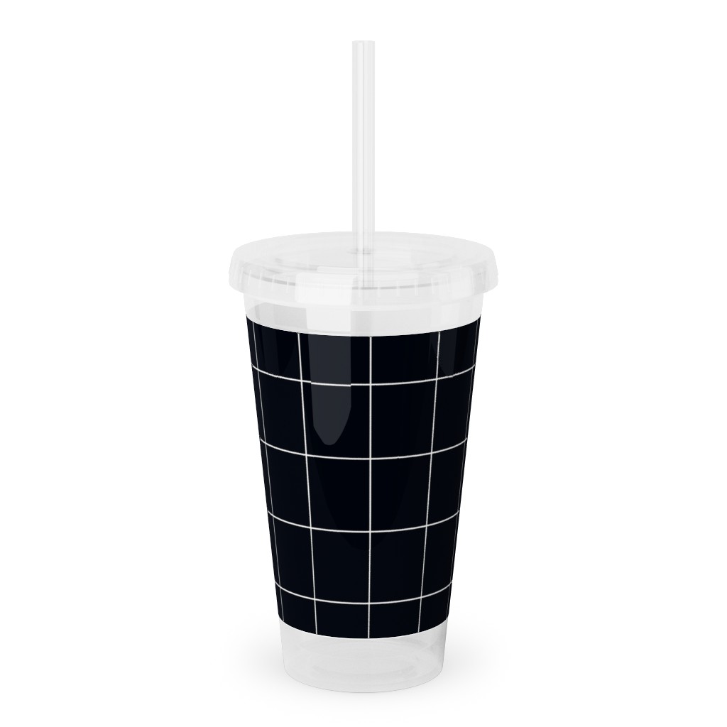 Grid - Black Ad White Acrylic Tumbler with Straw, 16oz, Black