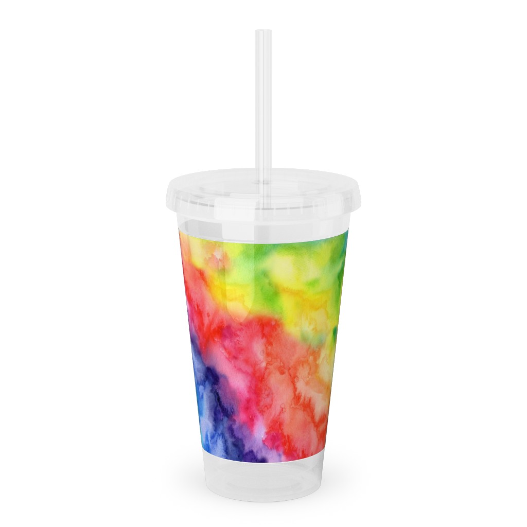 Rainbow Watercolor Wash Acrylic Tumbler with Straw, 16oz, Multicolor