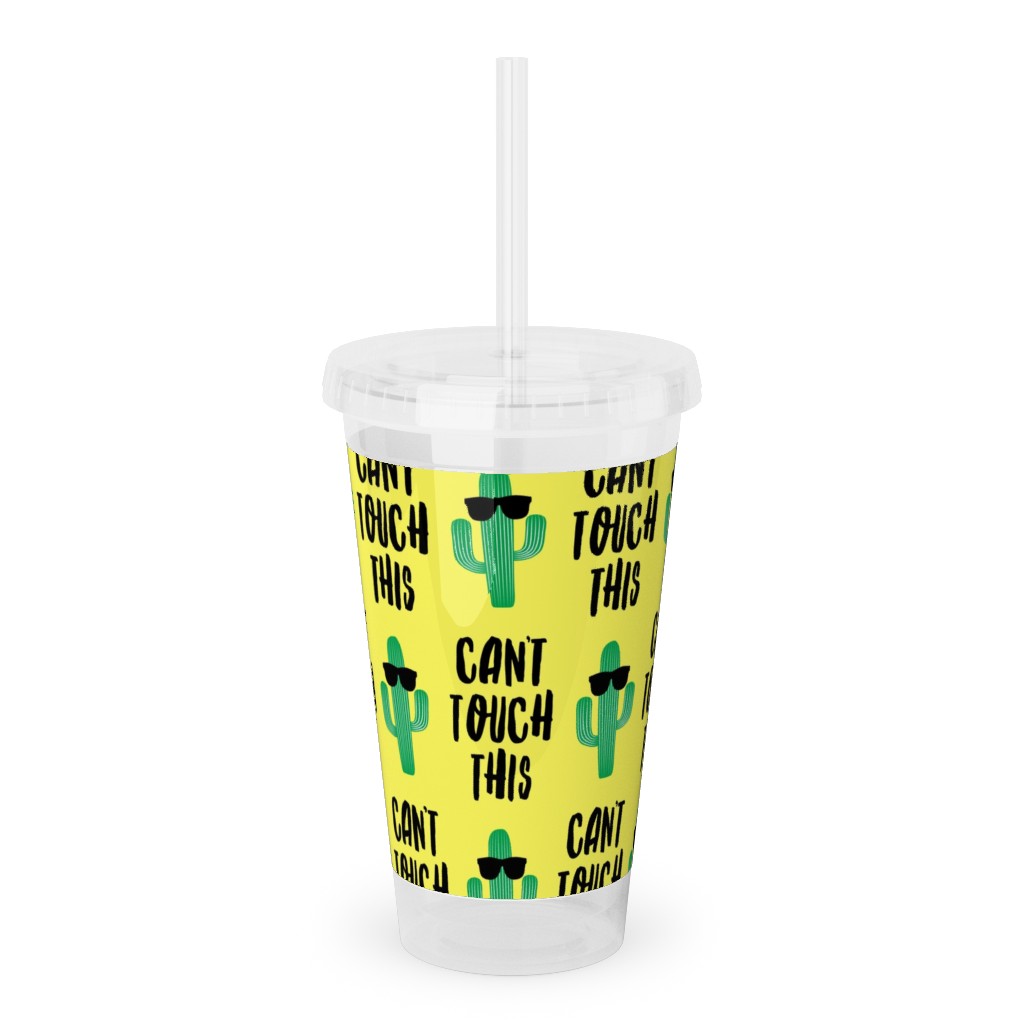 Can't Touch This - Cactus With Sunnies - Yellow Acrylic Tumbler with Straw, 16oz, Yellow