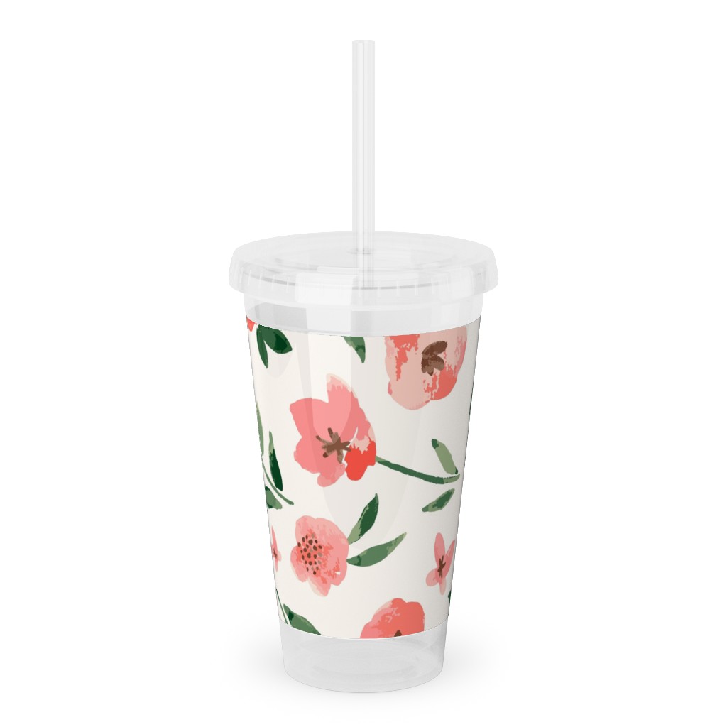 Scattered Watercolor Spring Flowers Acrylic Tumbler with Straw, 16oz, Pink
