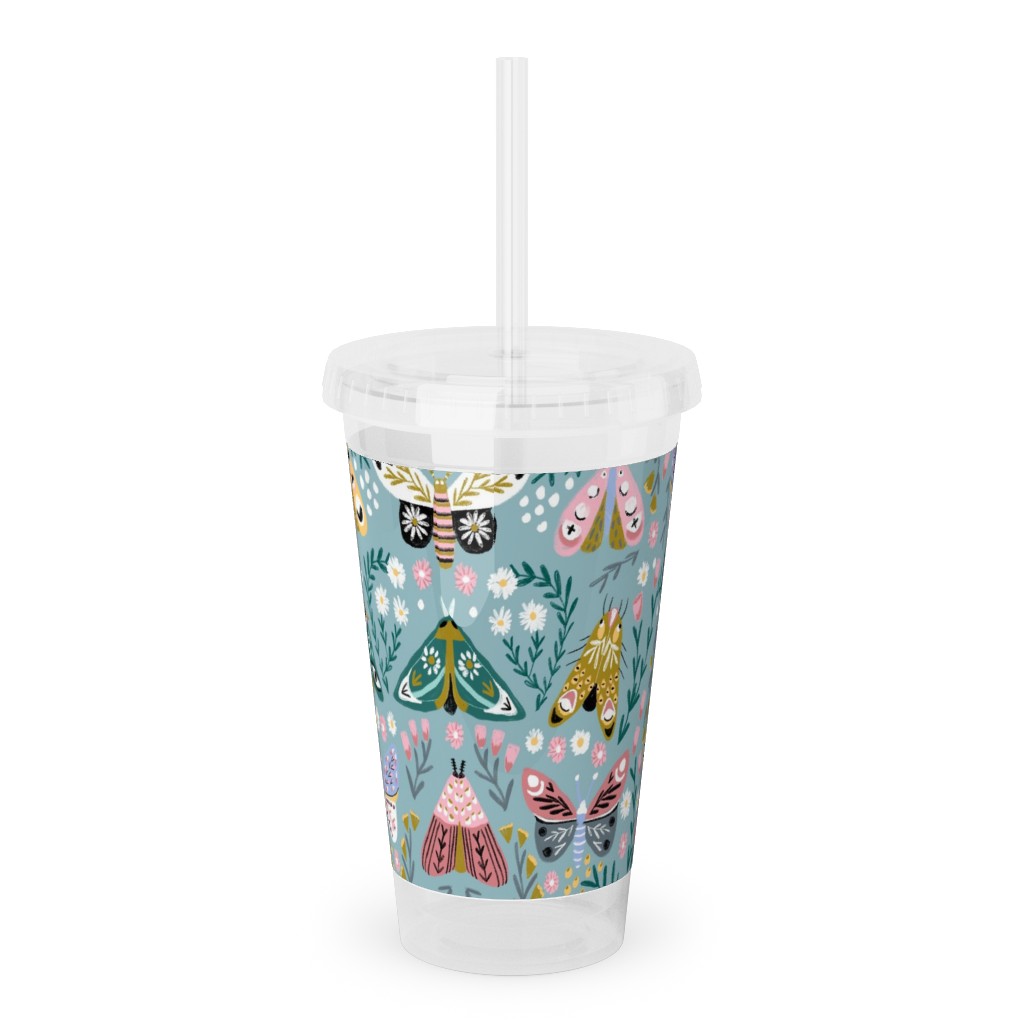 Spring Floral and Butterflies - Blue Acrylic Tumbler with Straw, 16oz, Multicolor