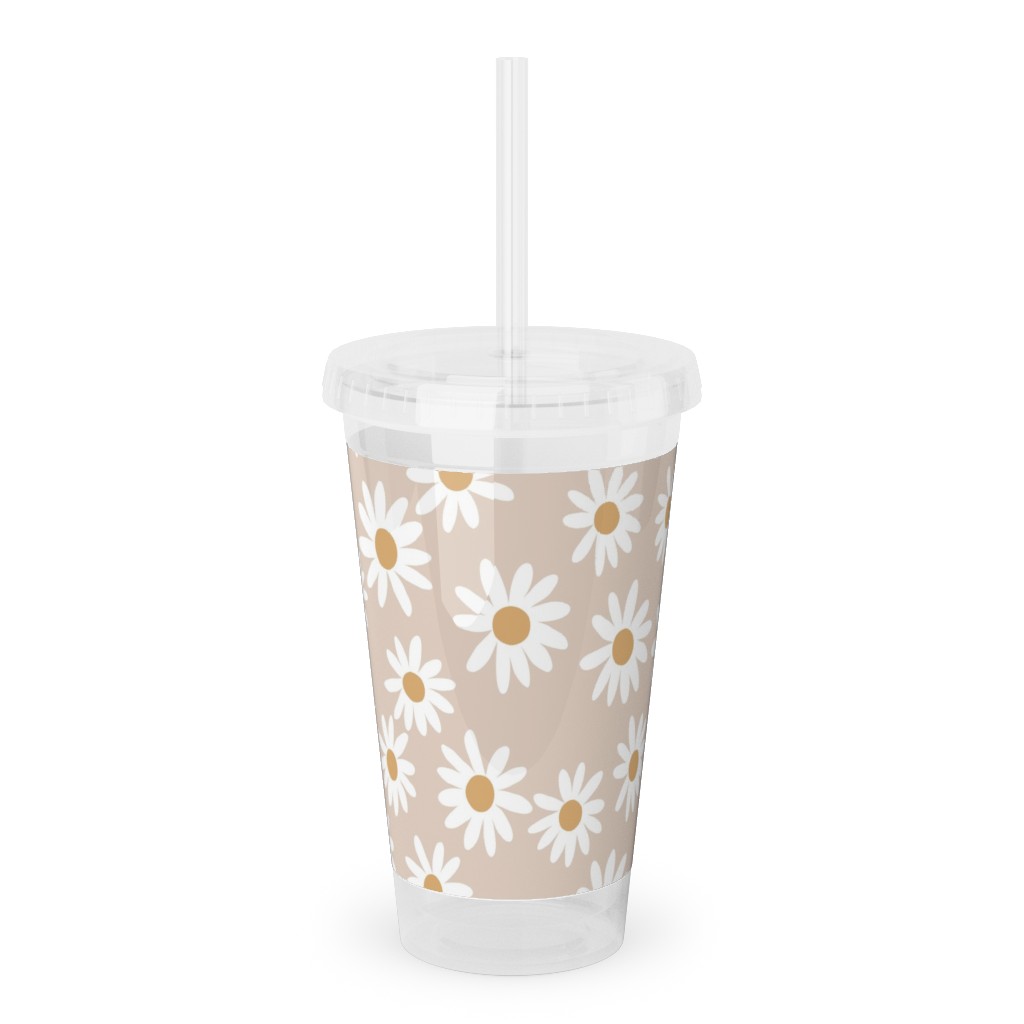 Daisies Acrylic Tumbler with Straw, 16oz, Pink