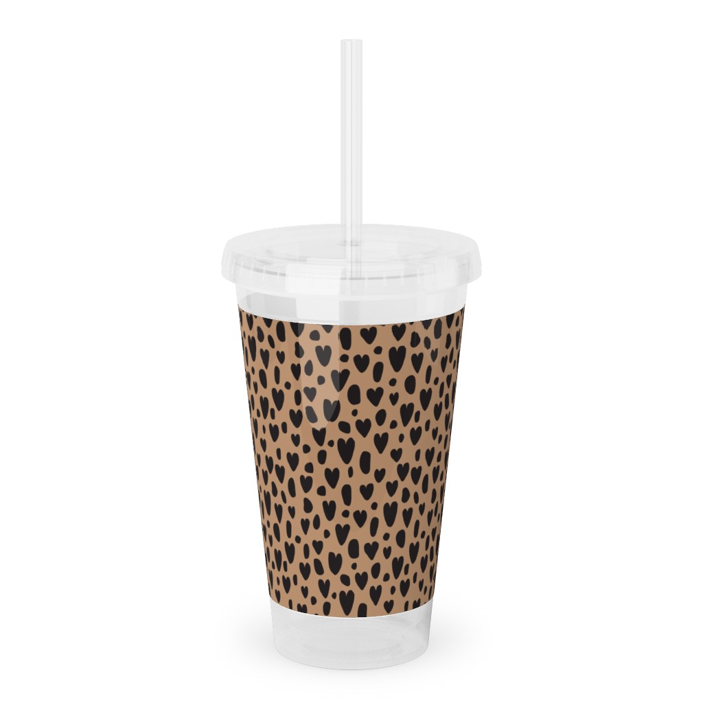 Leopard Hearts - Brown Acrylic Tumbler with Straw, 16oz, Brown