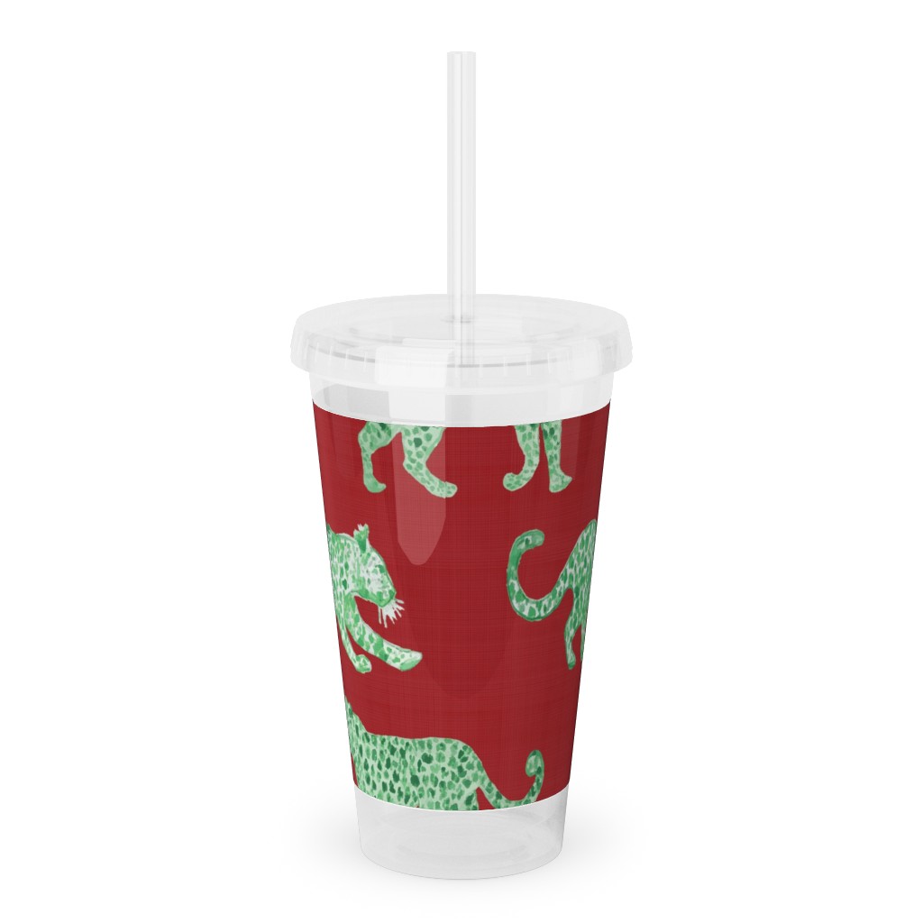Leopard Parade Acrylic Tumbler with Straw, 16oz, Red