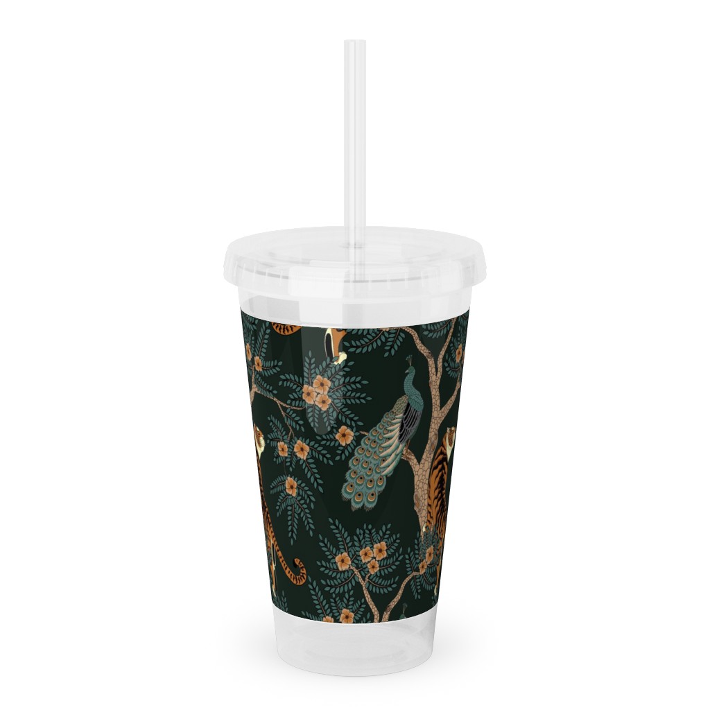 Tiger and Peacock - Black Acrylic Tumbler with Straw, 16oz, Black