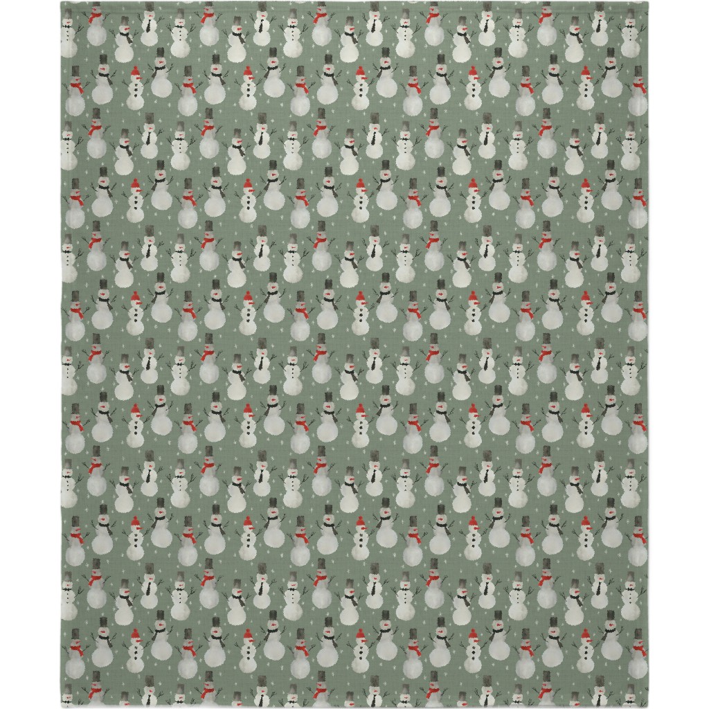 Watercolor Snowmen on Sage Blanket, Fleece, 50x60, Green