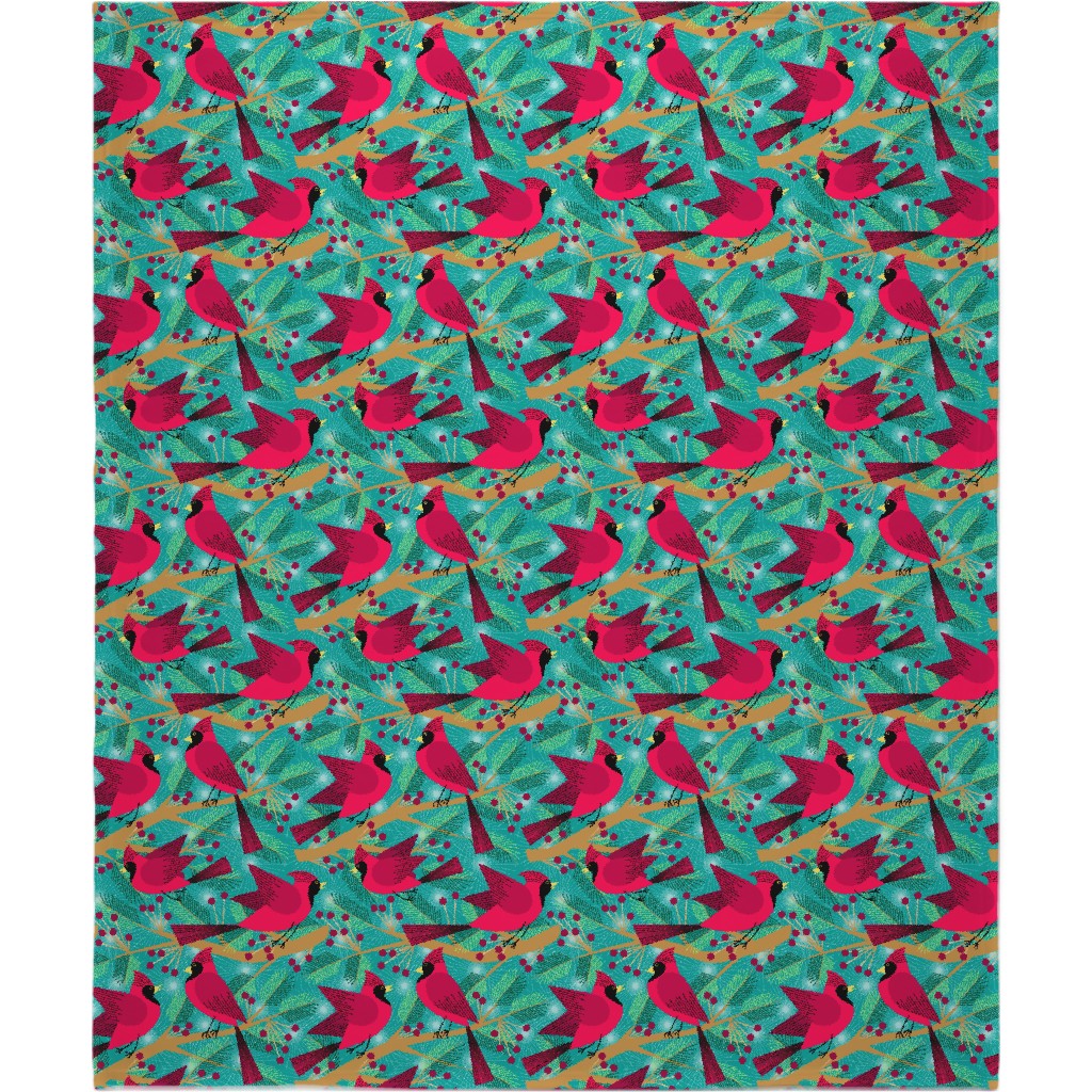 Winter Solstice Cardinals - Green Blanket, Fleece, 50x60, Green, Classic Green