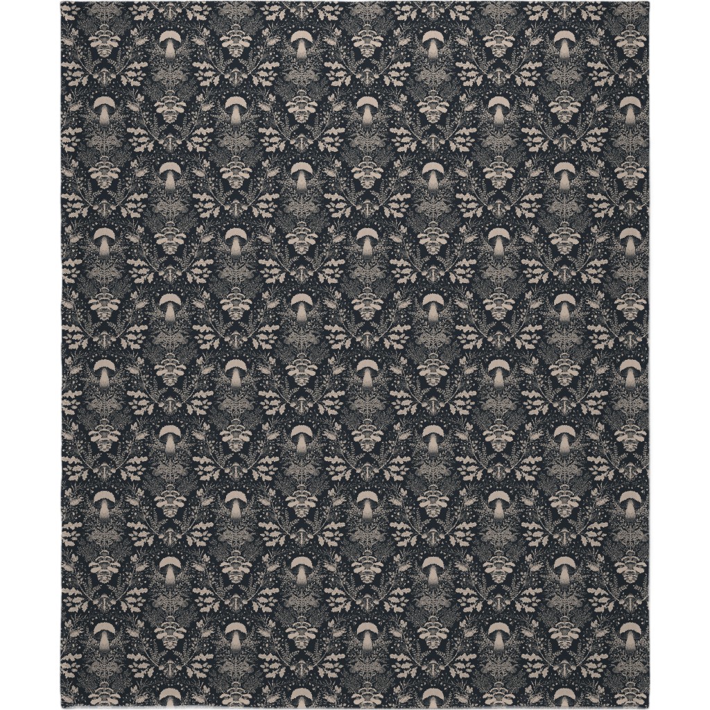 Mushroom Forest Damask - Dark Blanket, Fleece, 50x60, Black