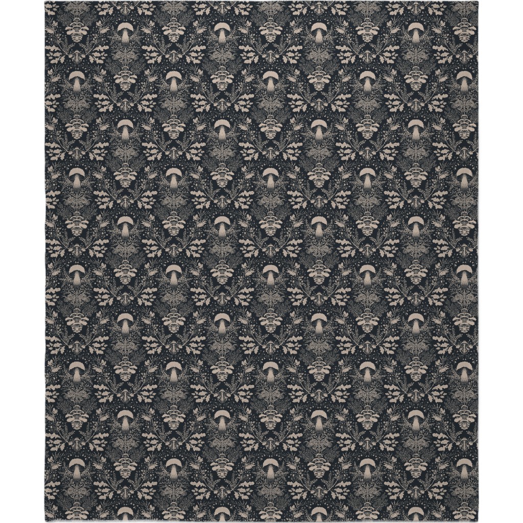 Mushroom Forest Damask - Dark Blanket, Fleece, 50x60, Black, Black