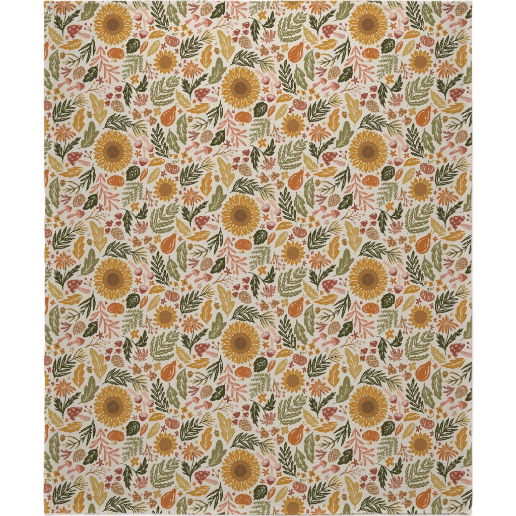 Autumn Botanicals - Leaves, Acorns, Sunflowers, Ferns, Mums, Pinecones, Mushrooms - Light Blanket, Fleece, 50x60, Multicolor