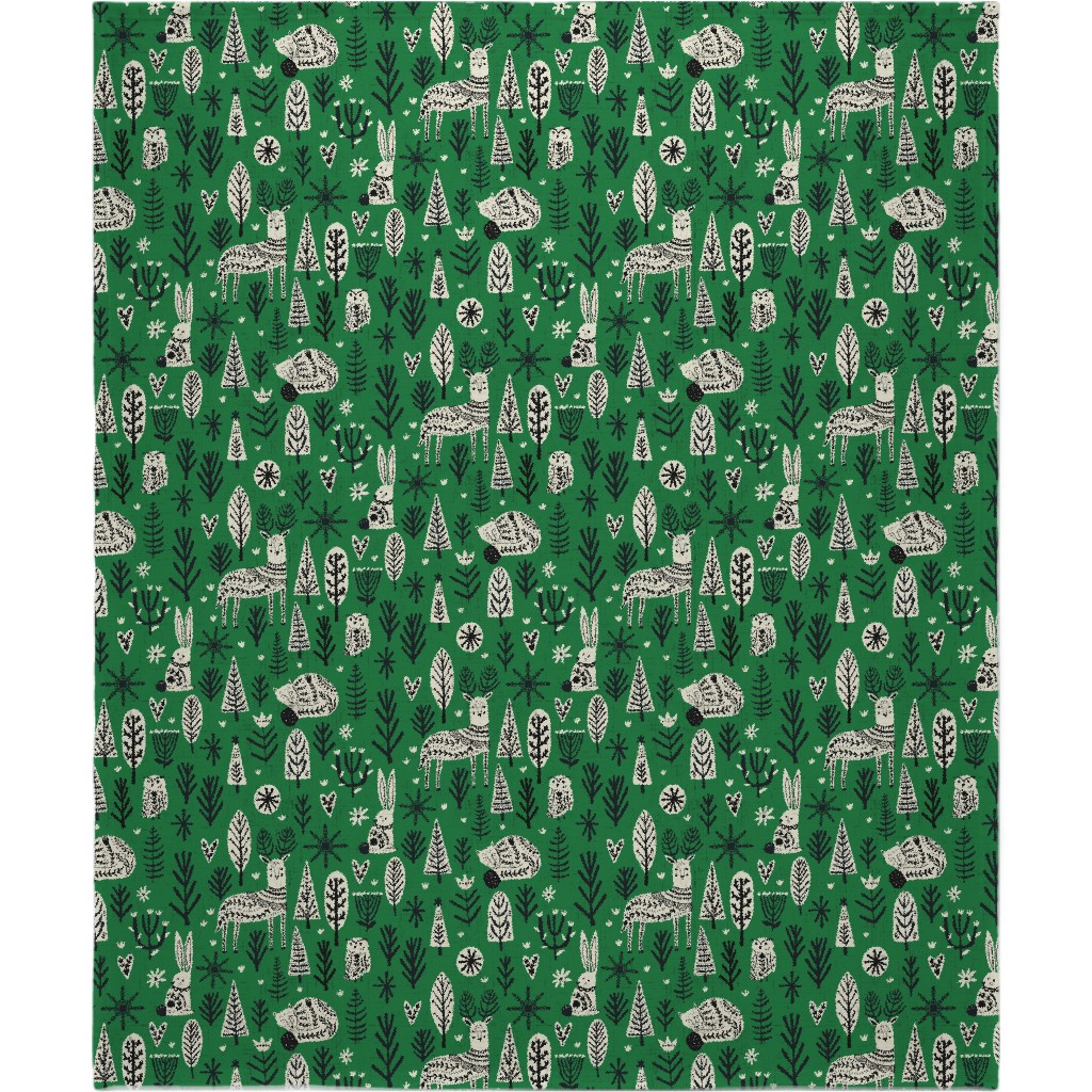 Scandi Snowflake Holiday - Alligator Green With Vanilla & Black Blanket, Fleece, 50x60, Green