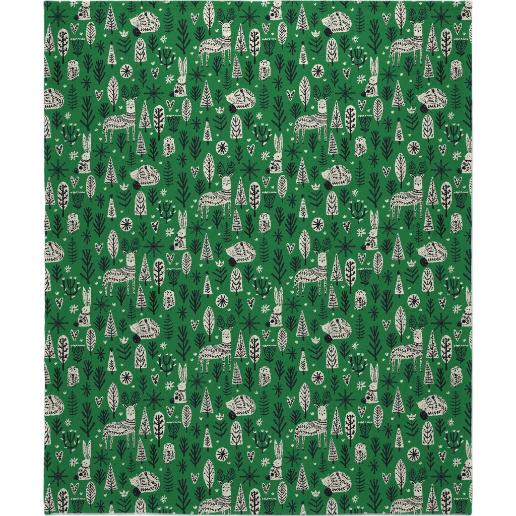 Scandi Snowflake Holiday - Alligator Green With Vanilla & Black Blanket, Fleece, 50x60, Green, Classic Green