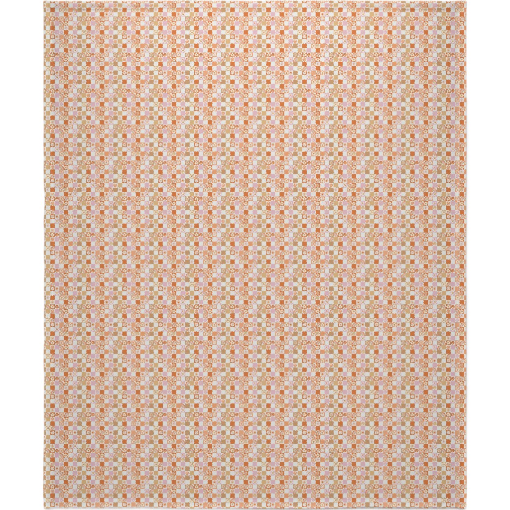Retro Checkerboard - Daisy, Smile, Happy - Pink Orange Blanket, Fleece, 50x60, Orange
