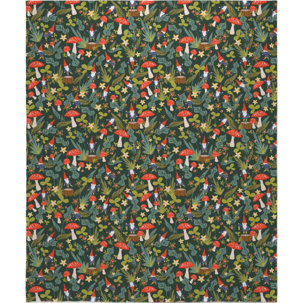 Woodland Gnomes & Mushrooms - Green Blanket, Fleece, 50x60, Green