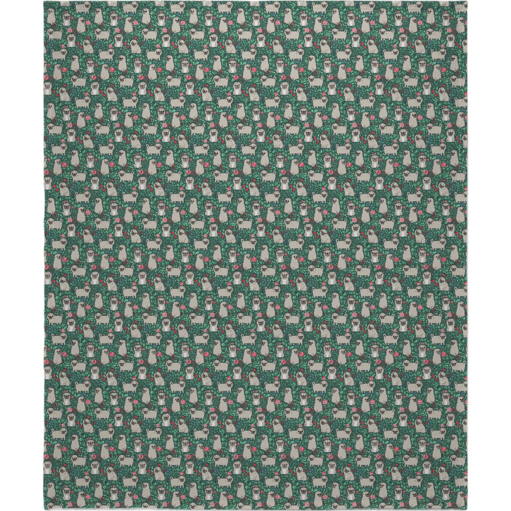 Cute Pugs and Flowers - Multicolor Blanket, Fleece, 50x60, Green