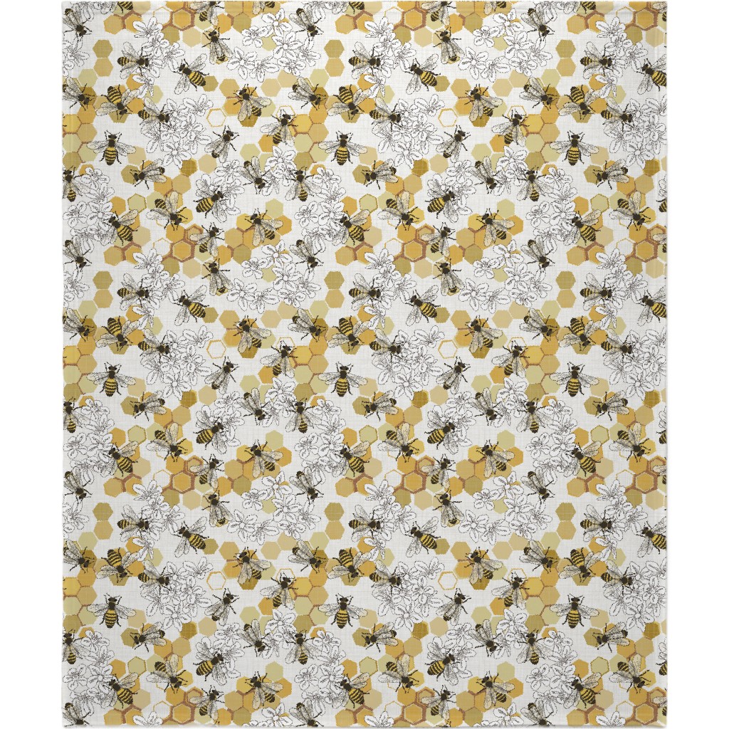 Save the Honey Bees - Yellow on White Blanket, Fleece, 50x60, Yellow