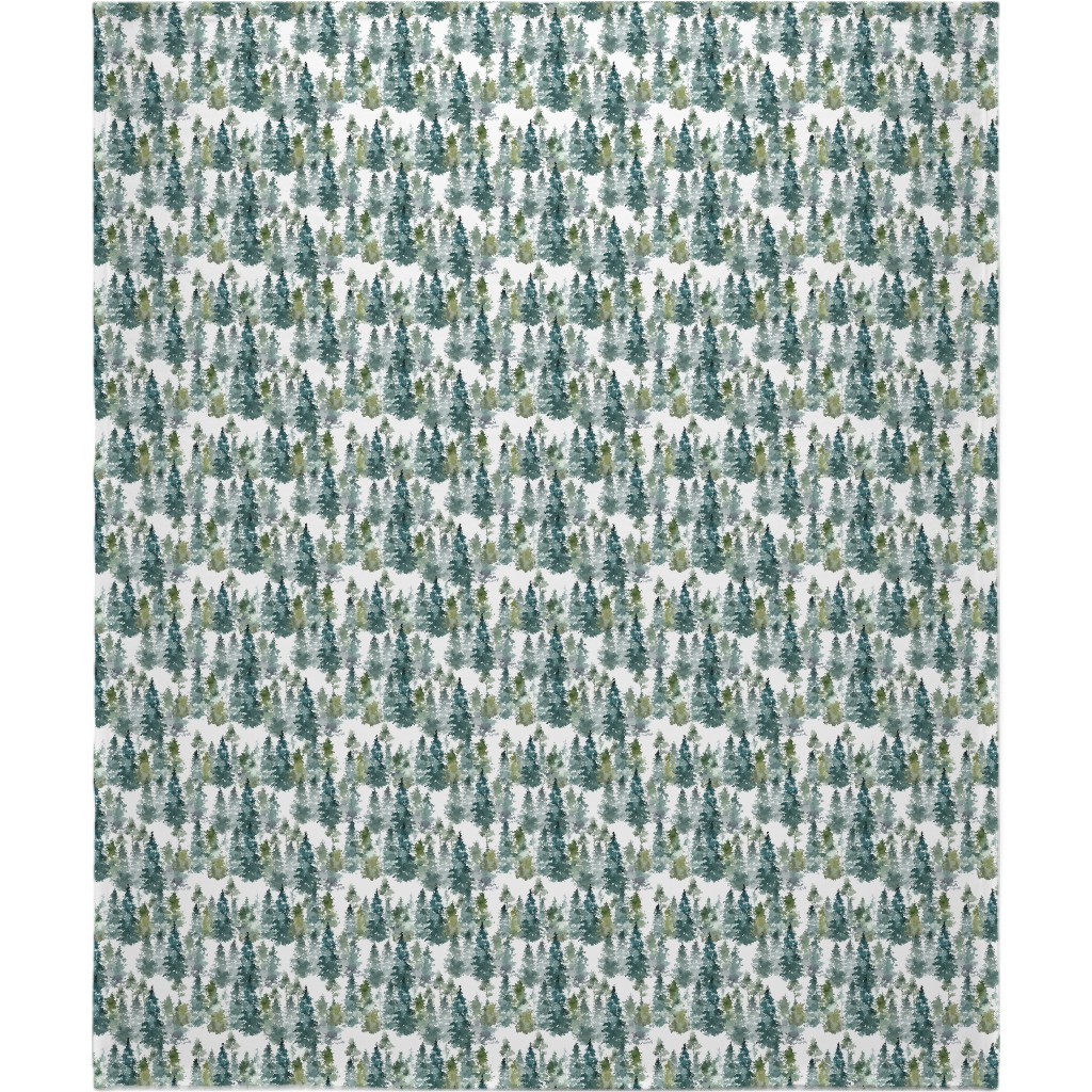 Woodland Trees Watercolor - White Blanket, Fleece, 50x60, Green, Classic Green