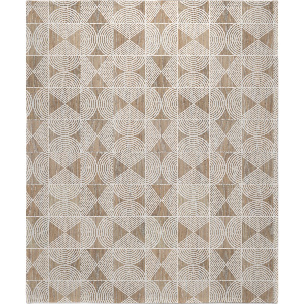 Boho Tribal Woodcut Geometric Shapes Blanket, Fleece, 50x60, Beige, Rye